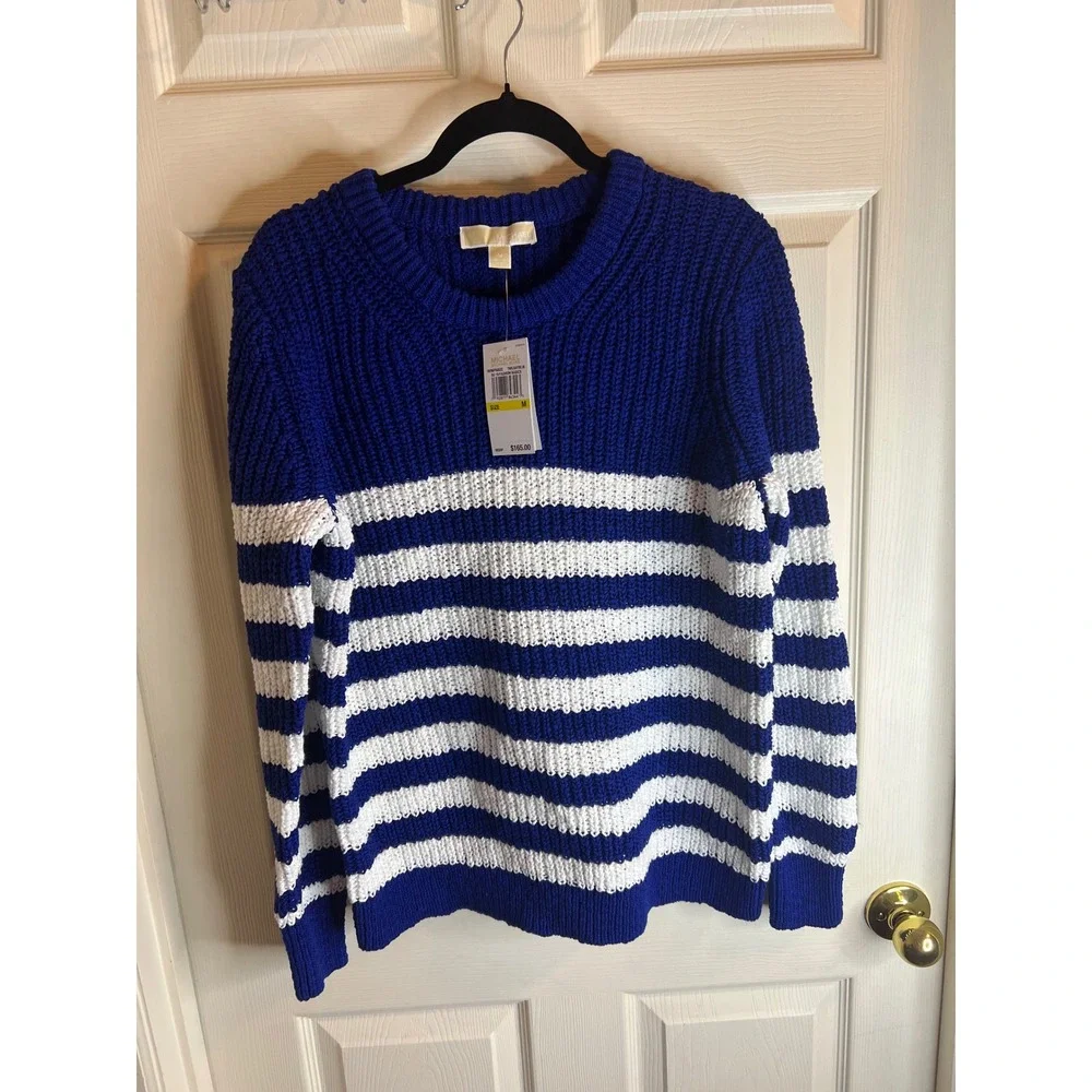 Michael Kors Blue White Striped Knit Crew Neck Sweater Size M‎ NWT